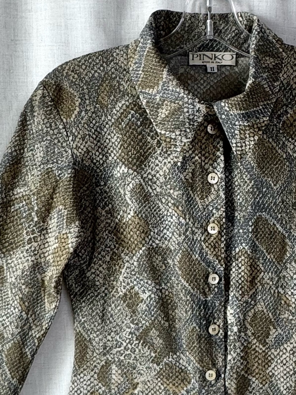 Pinko Snakeskin Print Button Front Blouse Brown Beige Size II US 4-6 Made Italy